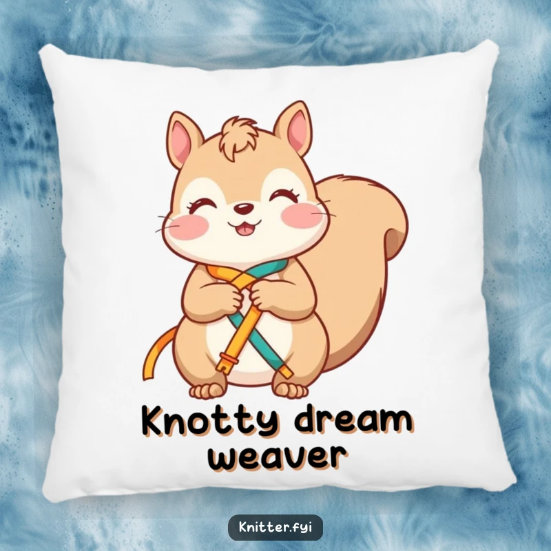 Funny squirrel pillow showing a contented character happily knotting bright ribbons together, offering comfort and charm.