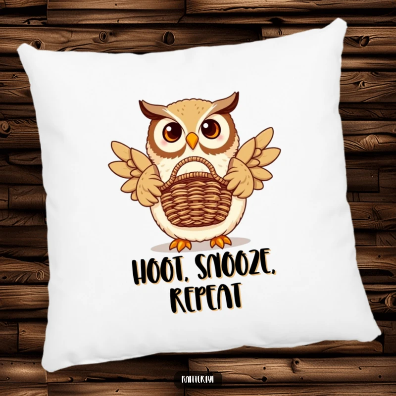 Funny owl pillow depicting a proud owl displaying a beautifully woven basket. Soft and humorous.