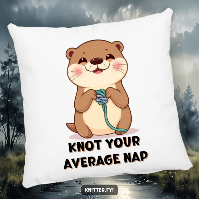 Funny pillow featuring a smiling otter tying a perfect knot on a yarn strand. Soft, cozy, and delightfully clever, a perfect funny gift.