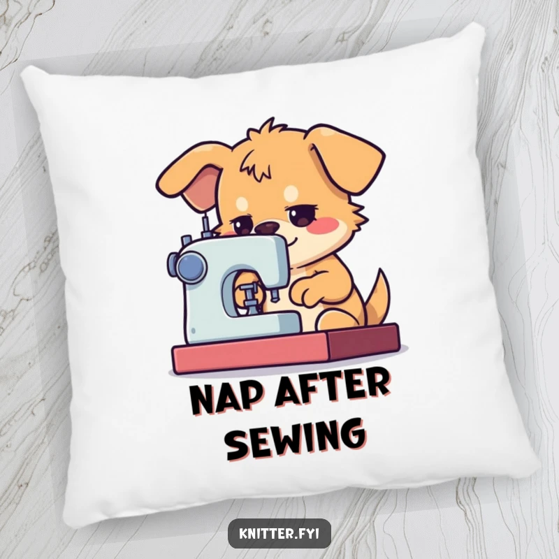 Funny Dog Pillow with a determined dog character using a sewing machine with great focus, perfect for sewing spaces.