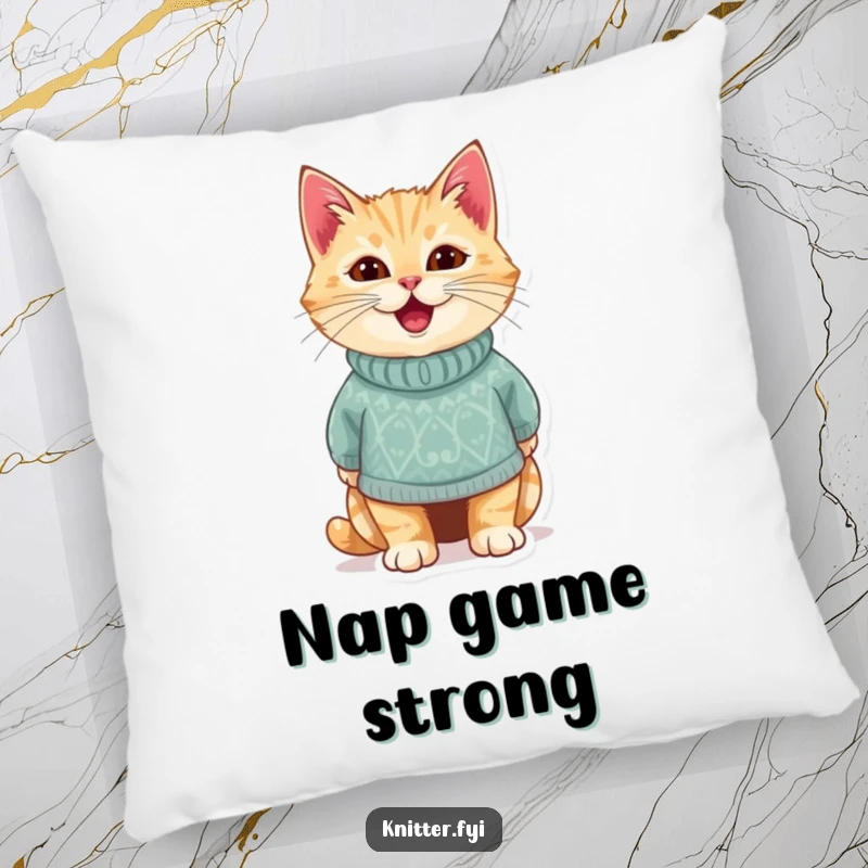 Funny pillow featuring a delighted cat wearing a cozy, handmade sweater. Soft, comfortable, and utterly charming, a perfect funny gift.