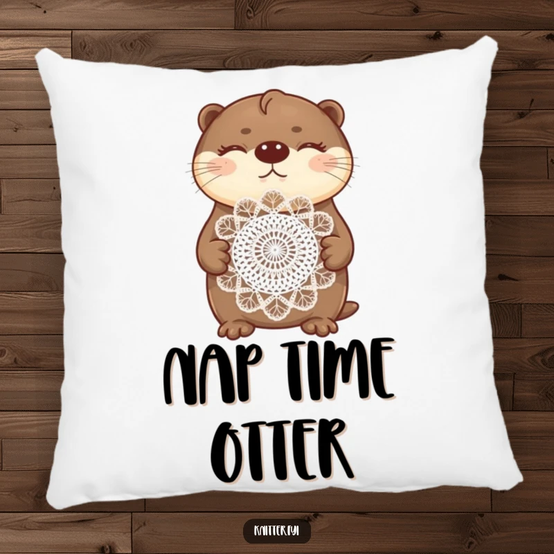 Funny otter pillow depicting a proud otter displaying a beautifully crocheted doily with eyes closed happily.