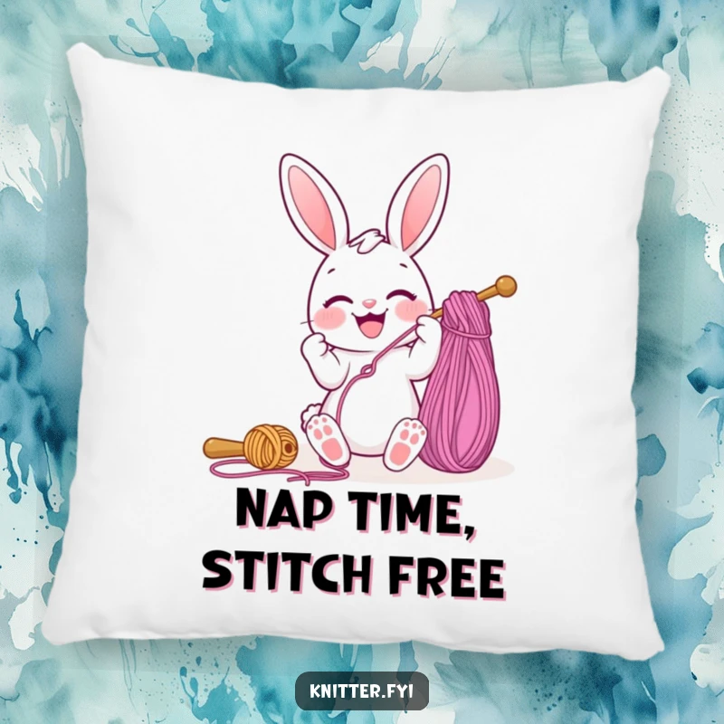 Funny pillow featuring a joyful bunny character intently threading a giant sewing needle with vibrant yarn, adding a touch of humor.