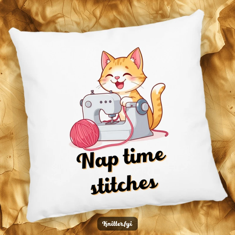 Funny happy cat pillow sewing with yarn, a soft decorative cushion with a playful design.