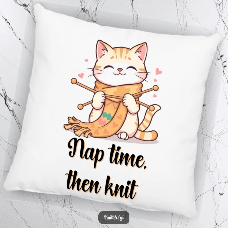 Funny cat pillow showing a happy cat knitting a very long, colorful scarf with large needles. Soft and humorous decor.