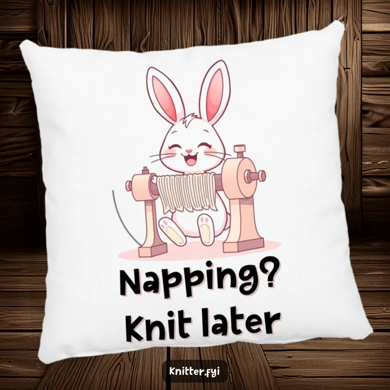 Funny bunny pillow depicting a happy rabbit operating a large knitting machine with a wide, joyful grin.