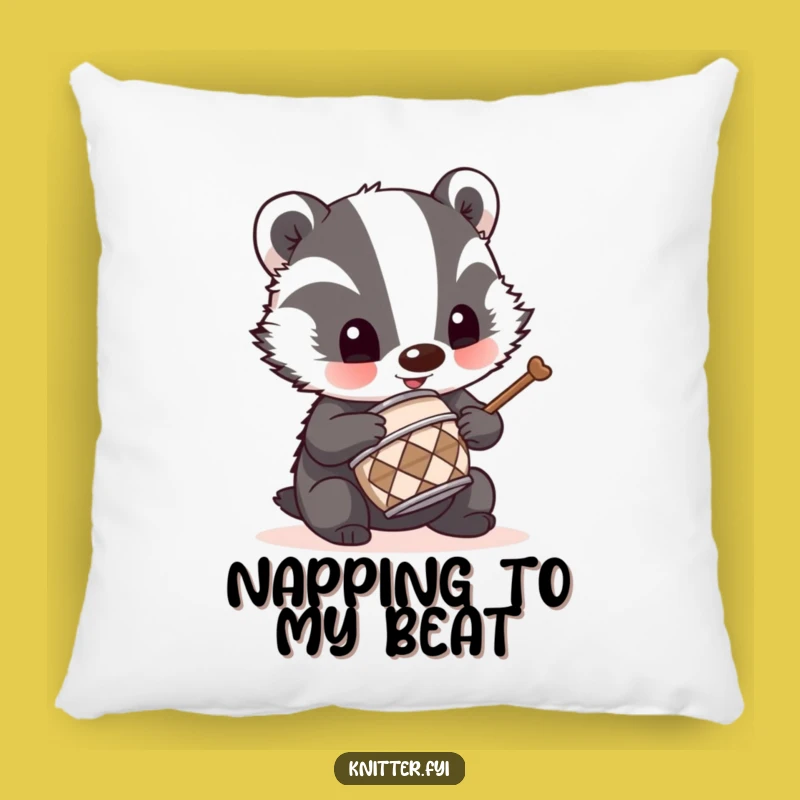 Funny Badger Drummer Pillow: Cozy Cushion with Mischievous Music Art, Gift