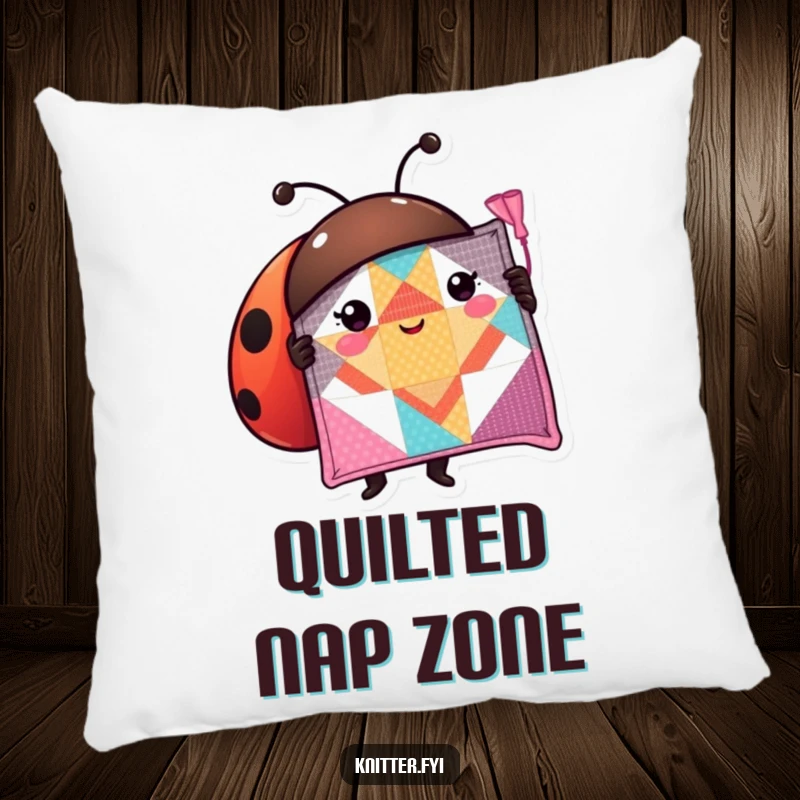 Funny ladybug pillow showing a proud character displaying a perfectly stitched quilt square, offering comfort and whimsy.
