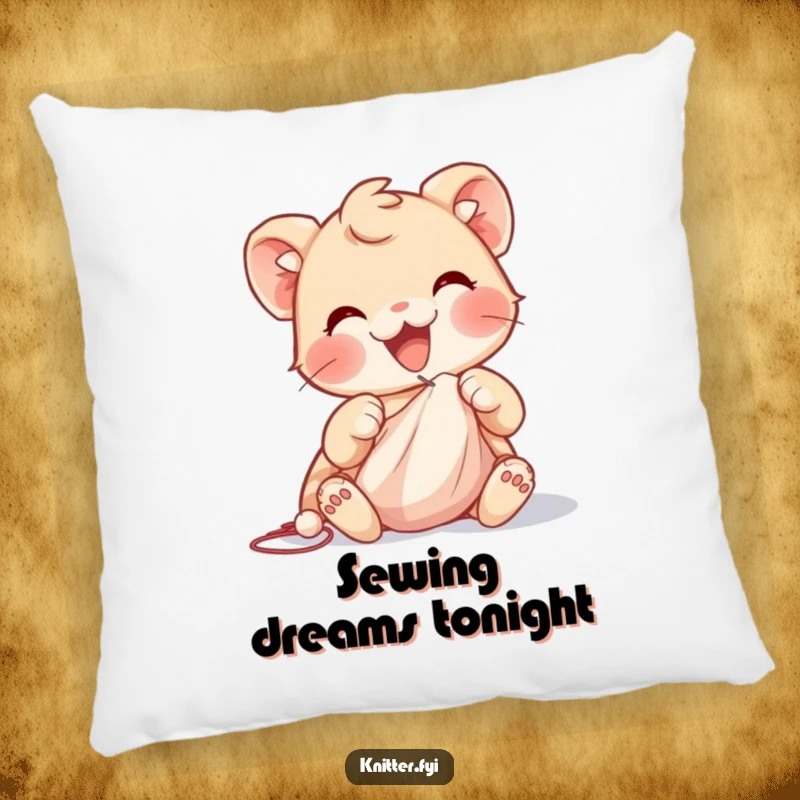 Funny pillow design featuring a delighted creature with nimble paws guiding a needle through soft cloth, celebrating the art of sewing.