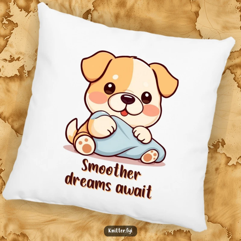 Funny Kawaii dog character diligently smoothing fabric with its paw, a soft and plush pillow for charming decor.