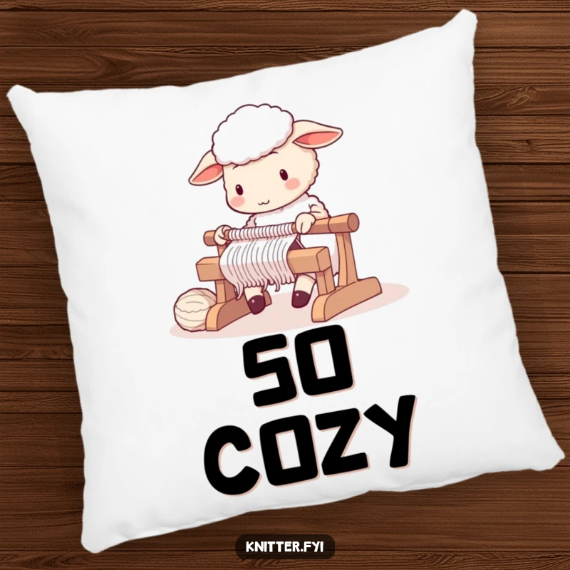 Cute sheep character diligently operating a knitting loom, on a plush pillow.