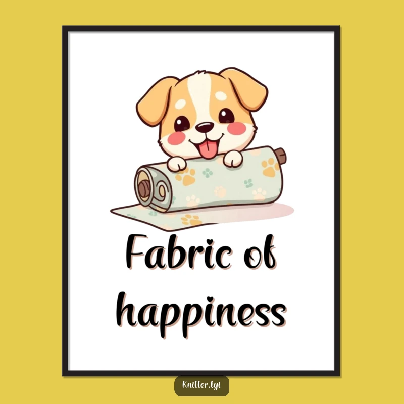 Funny Dog Fabric Digital Art: Happy Pup Unrolling Patterned Material, Perfect Funny Gift