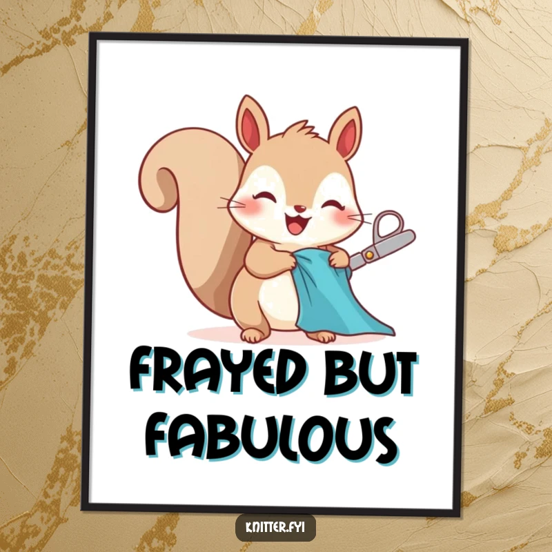 Funny squirrel digital art print, excitedly cutting fabric, charming and humorous decor.