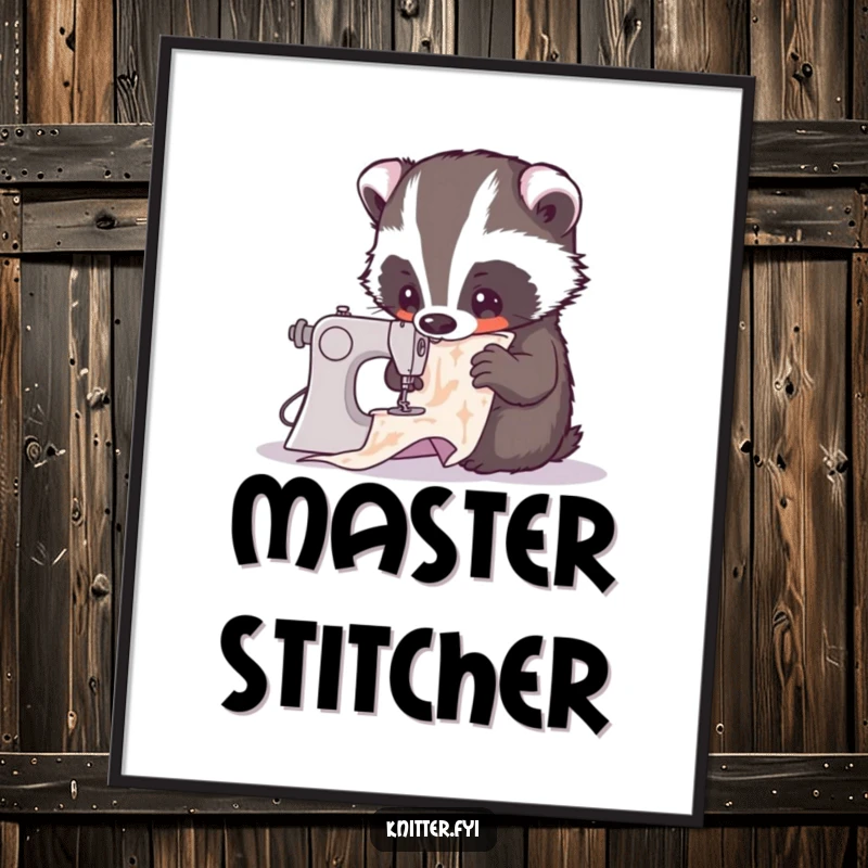 Funny digital art print of a curious badger intently examining a complex sewing pattern. Whimsical and humorous decor, perfect funny gift.