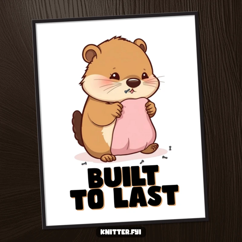 Funny digital art print of a happy beaver diligently hammering tiny nails into miniature fabric, perfect for home or office.