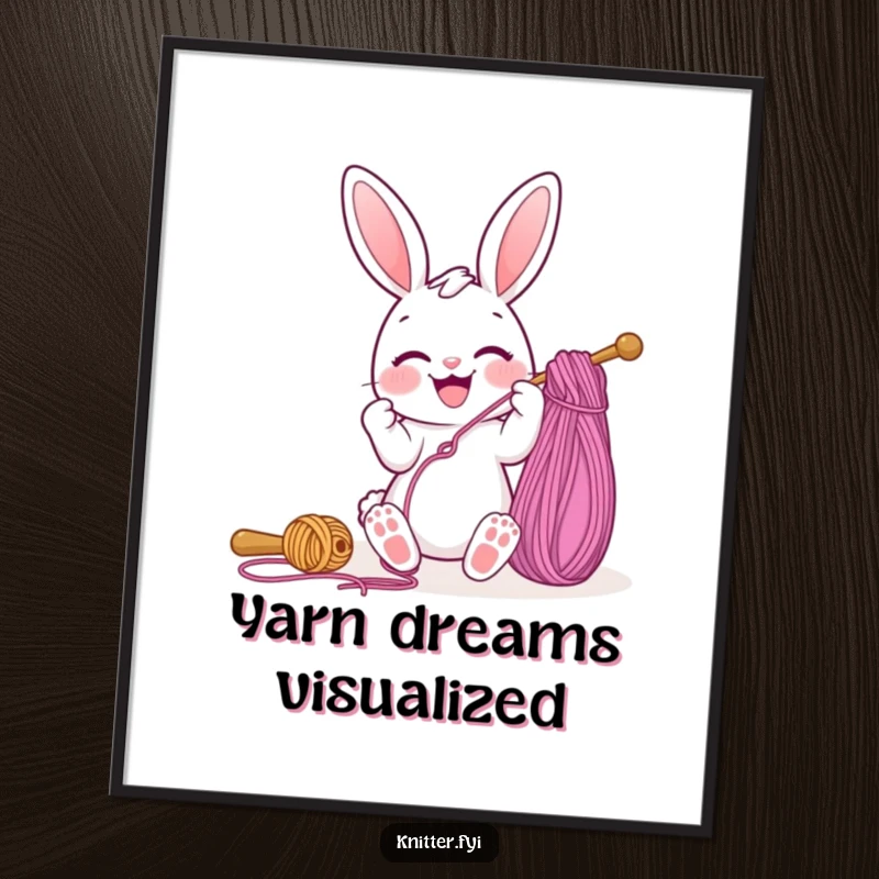 Funny digital art print of a joyful bunny character skillfully threading a massive sewing needle with vibrant yarn, perfect for instant decor.