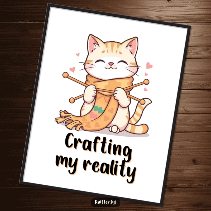 Funny cat knitting digital art print of a happy cat with large needles, enthusiastically creating a very long, colorful scarf.