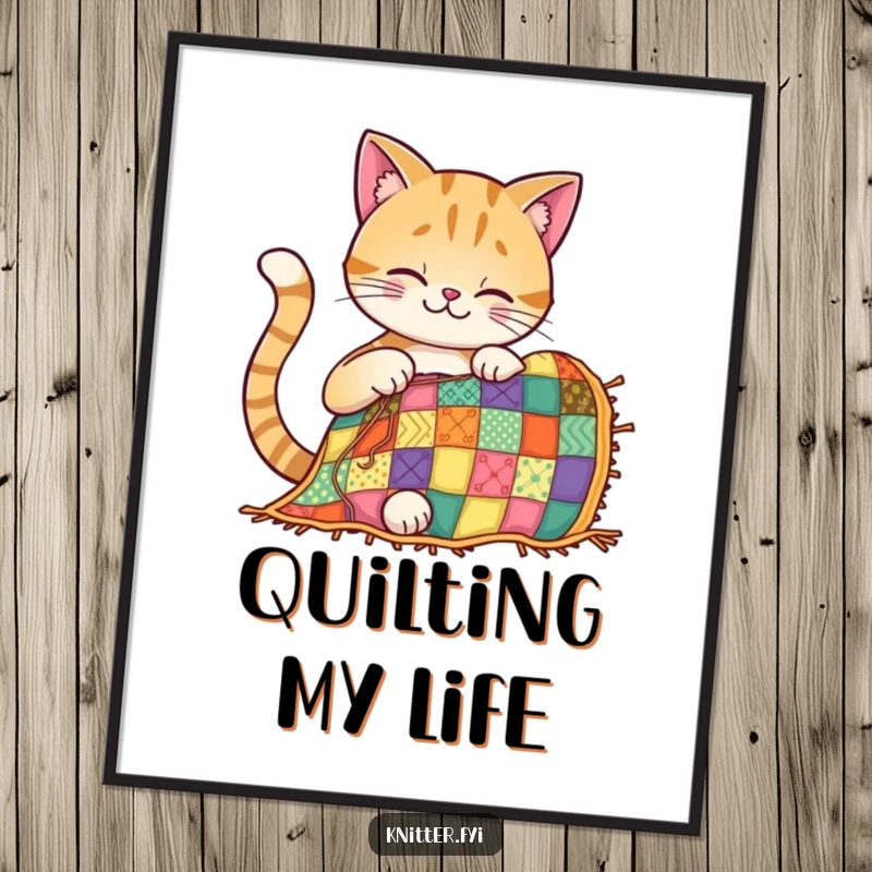 Funny cat digital art print of a smiling cat diligently stitching a colorful, detailed patchwork quilt.