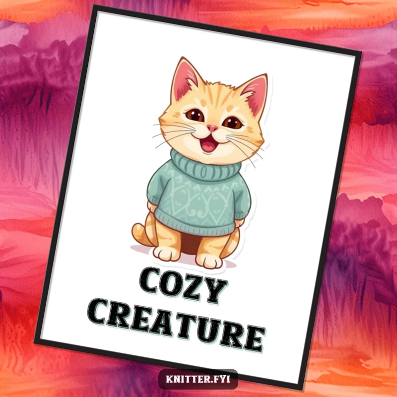 Funny digital art print of a delighted cat wearing a cozy, handmade sweater. Charming and humorous for instant decor, perfect funny gift.