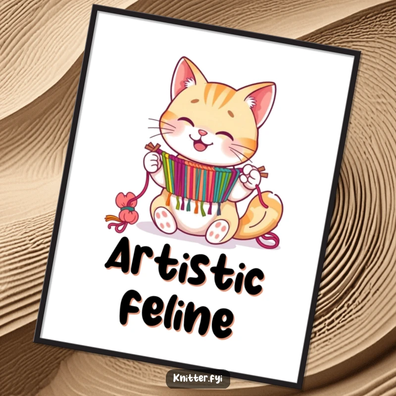 Happy cat character expertly weaving a colorful tapestry with its paws, as digital art.