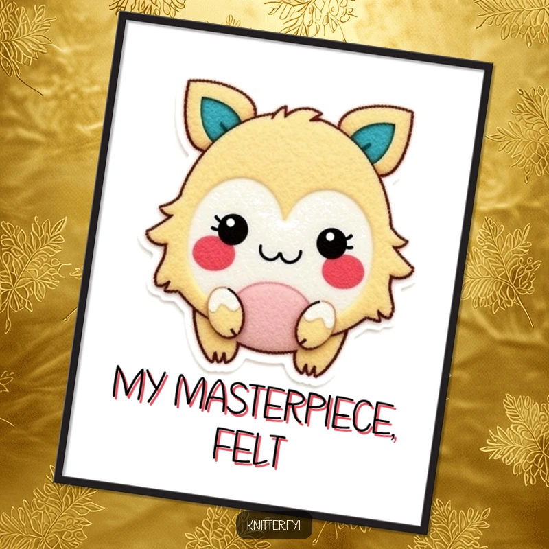 Funny digital art print of a gleeful creature with rosy cheeks, cutting felt with pure delight, ready to be framed.