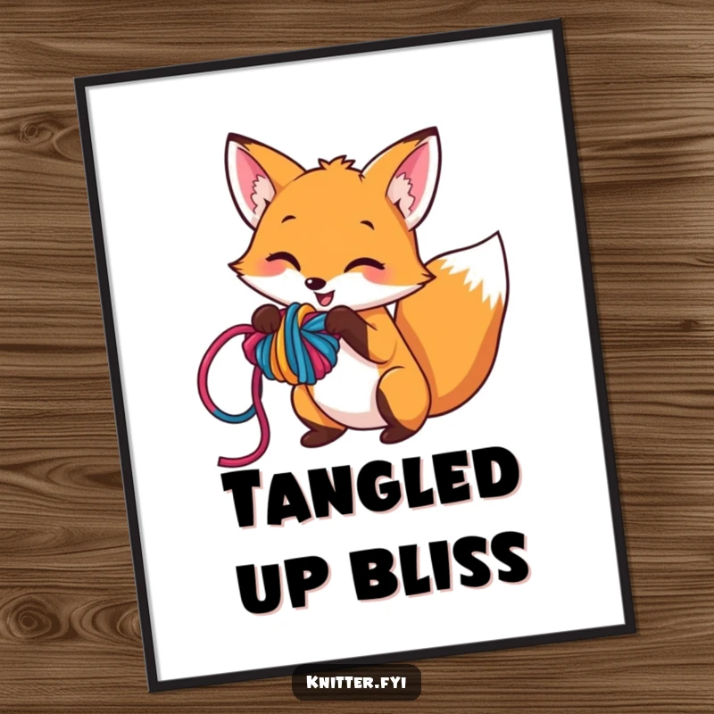 Funny digital art print of a mischievous fox character humorously tangling colorful yarn into a messy knot, ideal for instant decor.