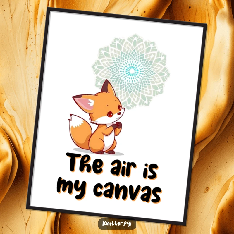 Funny digital art print of a curious fox character examining a complex lace pattern being woven in the air, celebrating intricate art.