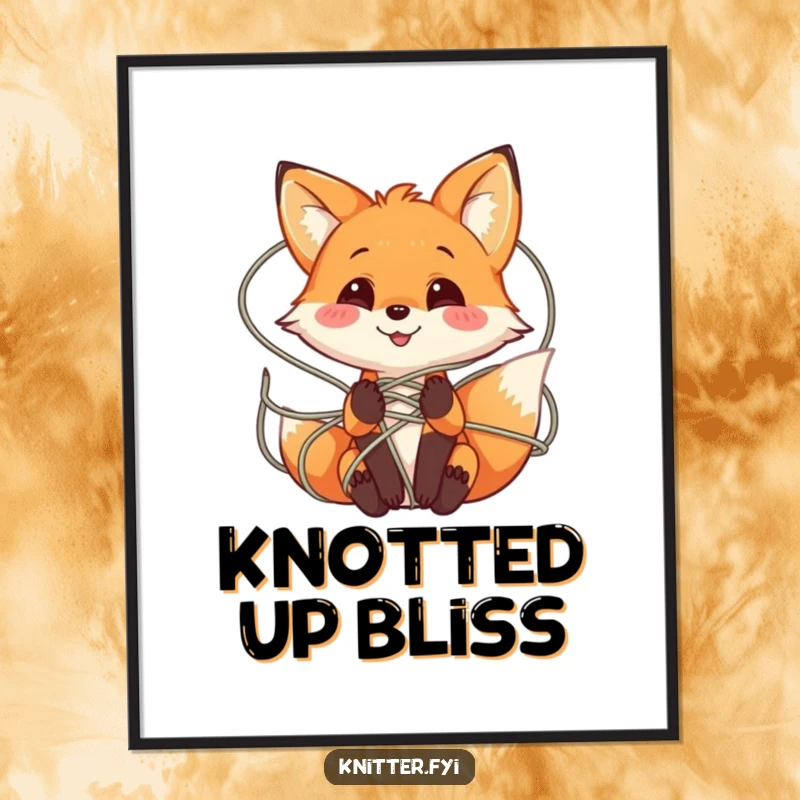 Funny Fox Yarn Digital Art Print of a playful fox character smiling while tangled in a web of colorful yarn, for home decor.