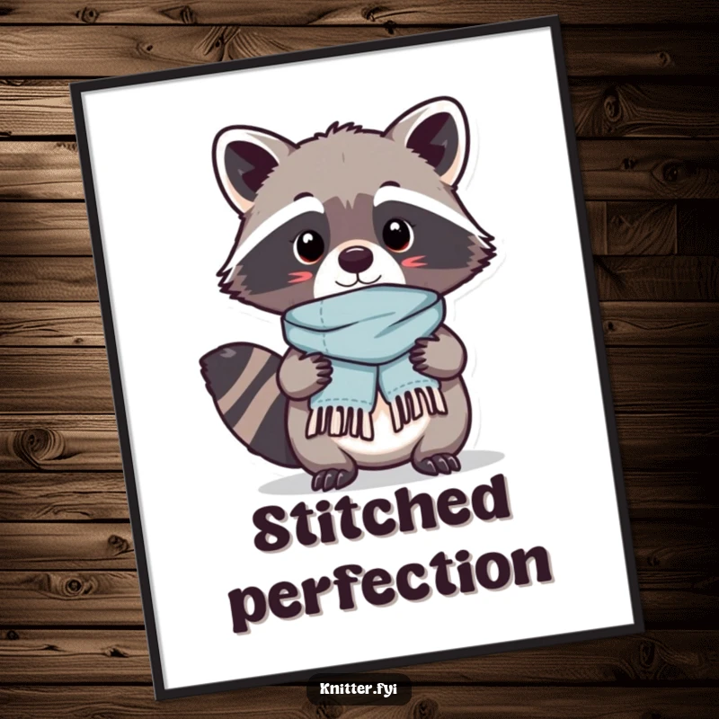 Funny Kawaii raccoon character proudly displaying a tiny, perfectly stitched scarf it just finished, a downloadable digital art print.