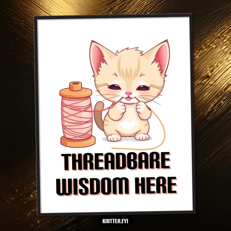Funny kitten sewing digital art print of a curious cat playfully pulling loose thread from a yarn spool, high-quality download.
