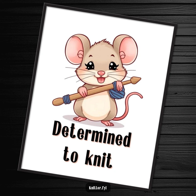 Funny mouse digital art print, a small mouse holding oversized knitting needles with a determined grin, downloadable inspiration.