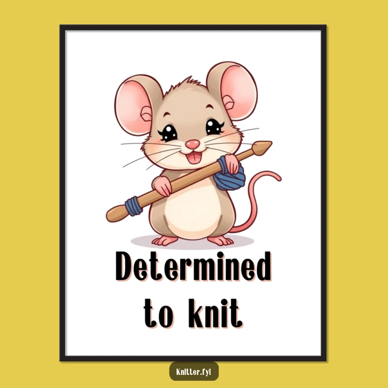 Funny Mouse Knitting Digital Art: Determined Rodent with Needles, Perfect Instant Funny Gift