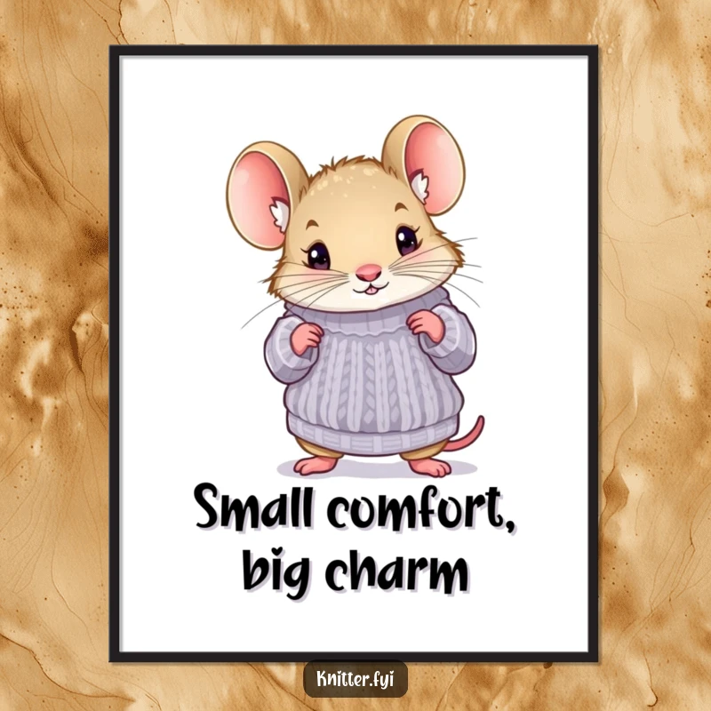Funny mouse digital art print of a curious mouse trying on a miniature knitted sweater, perfect for instant humorous decor.
