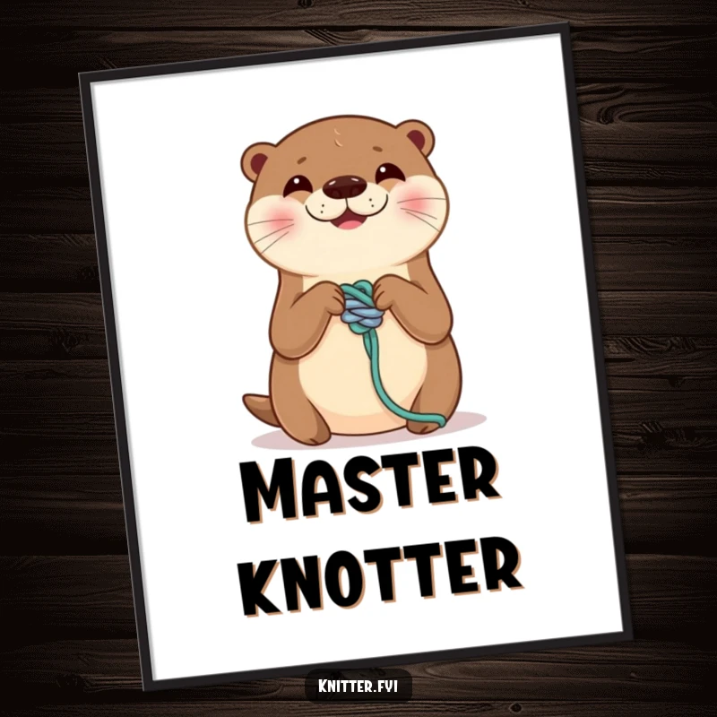 Funny digital art print of a smiling otter meticulously tying a perfect knot on a yarn strand. Clever and humorous decor, perfect funny gift.