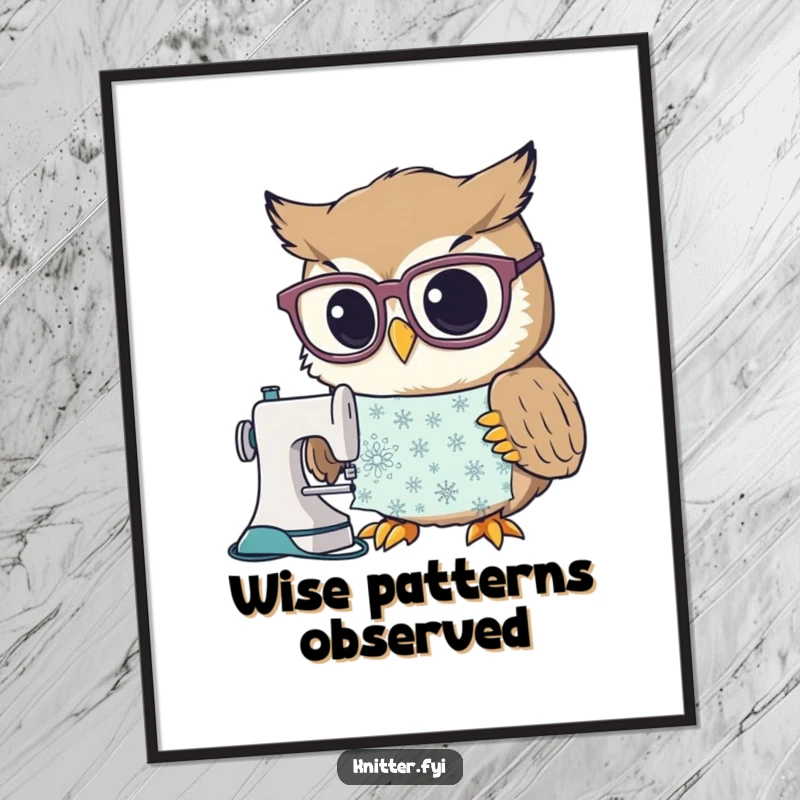 Funny digital art print of a curious owl in large spectacles studying a detailed sewing pattern, ideal for instant whimsical decor.