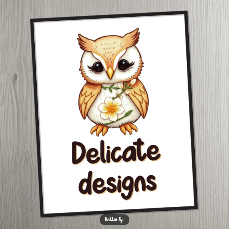 Funny Owl Digital Art Print: A focused owl meticulously embroiders a delicate flower, perfect for printable wall decor.