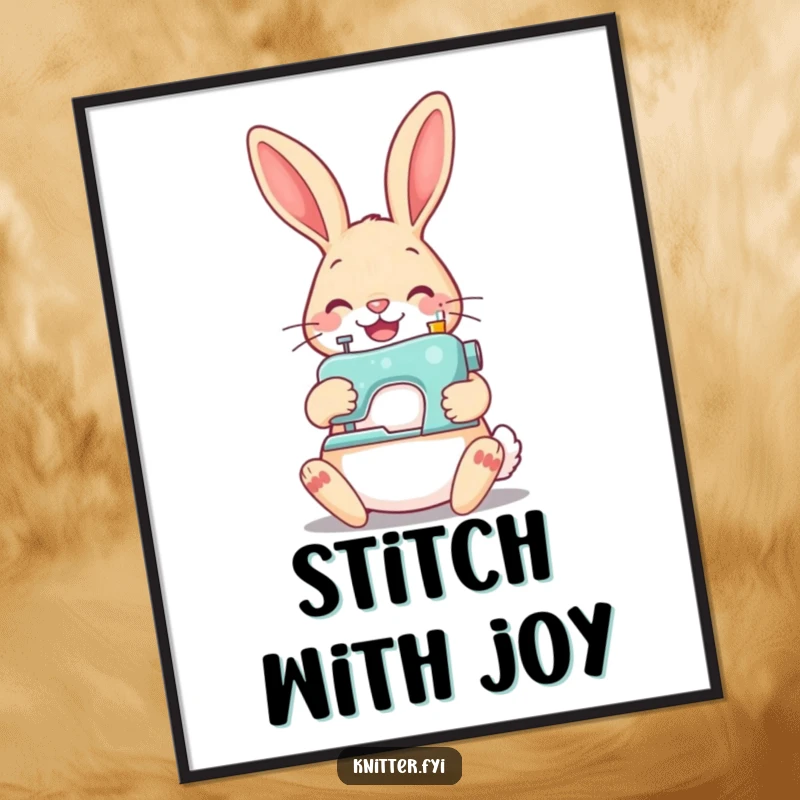 Funny rabbit sewing digital art print, showing a cheerful rabbit happily stitching a button with a tiny sewing machine, whimsical and creative.