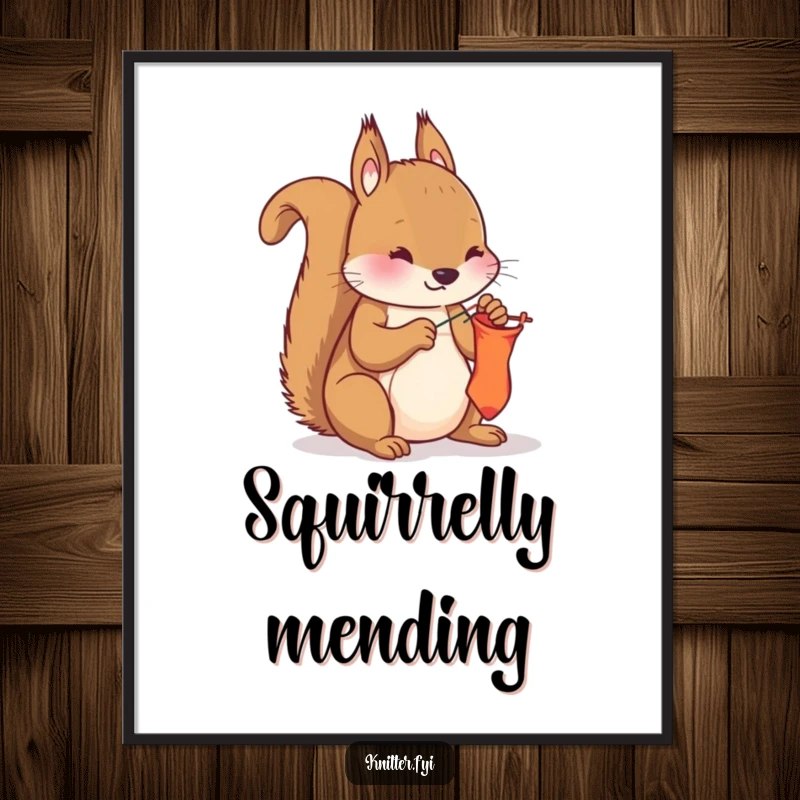 Funny squirrel mending digital art print, showing a diligent squirrel sewing a sock with needle and thread, resourceful and humorous.