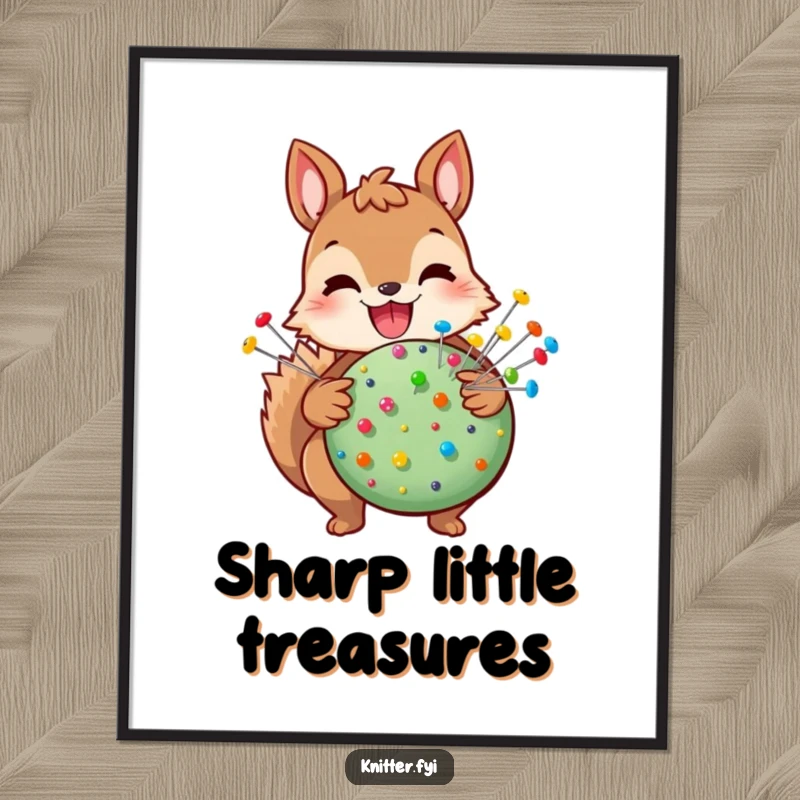 Funny squirrel digital art print of a joyful squirrel holding a pincushion with pins, humorous downloadable art.