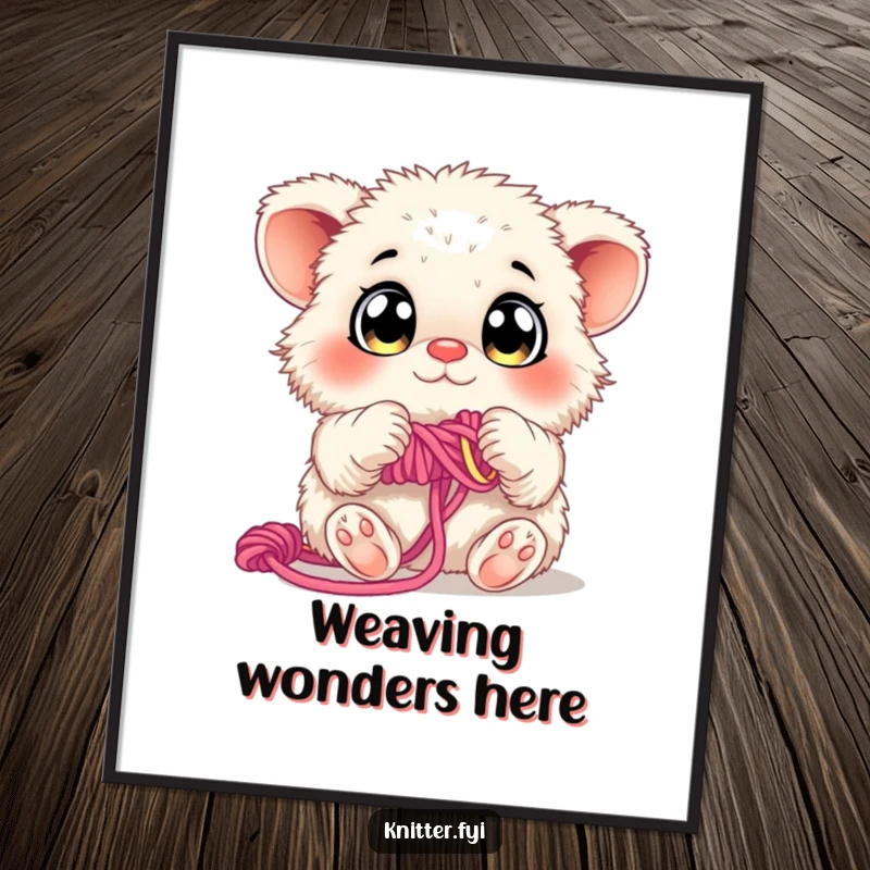 Funny Digital Art Print: A fluffy creature with large, curious eyes is expertly weaving colorful yarn with its paws.