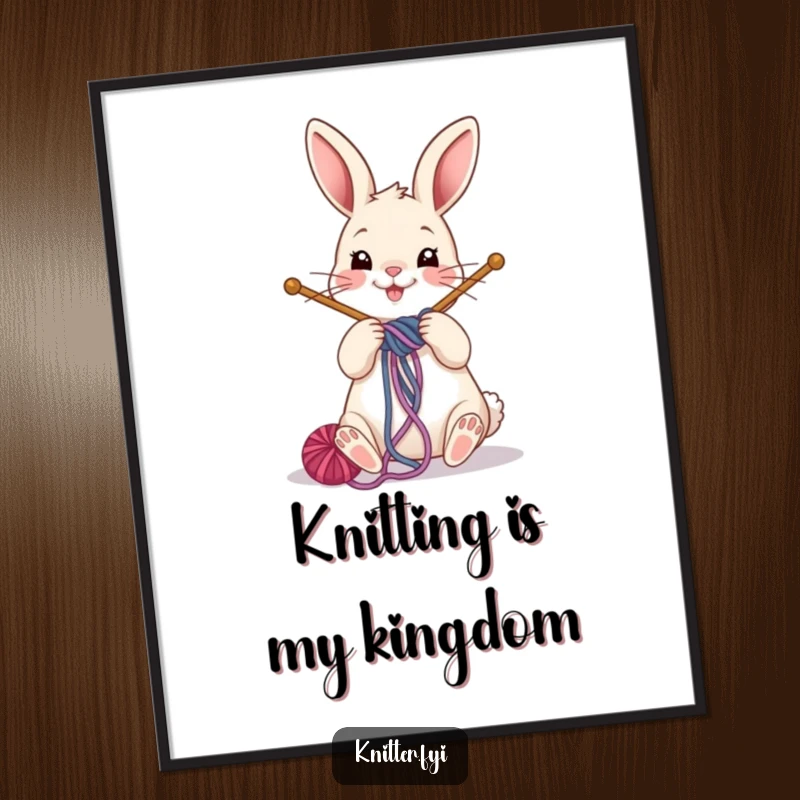 Funny rabbit knitting digital art print featuring a cheerful bunny winding yarn around knitting needles, full of playful charm.