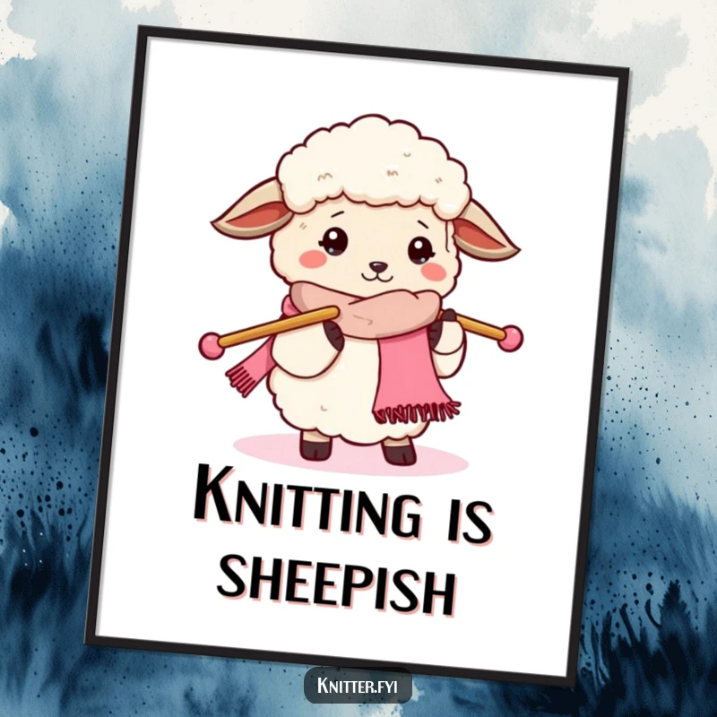 Funny sheep knitting digital art print, depicting a fluffy sheep enthusiastically knitting a scarf with oversized needles, cozy and humorous.