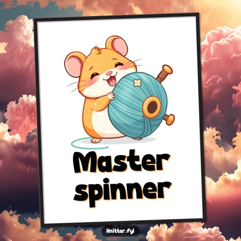 Funny Kawaii hamster digital art print, happily spinning a large bobbin of thread, perfect for humorous wall decor.