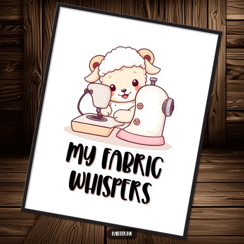 Funny sheepdog digital art print of a dog sewing with oversized buttons, ideal for humorous home or office decor.