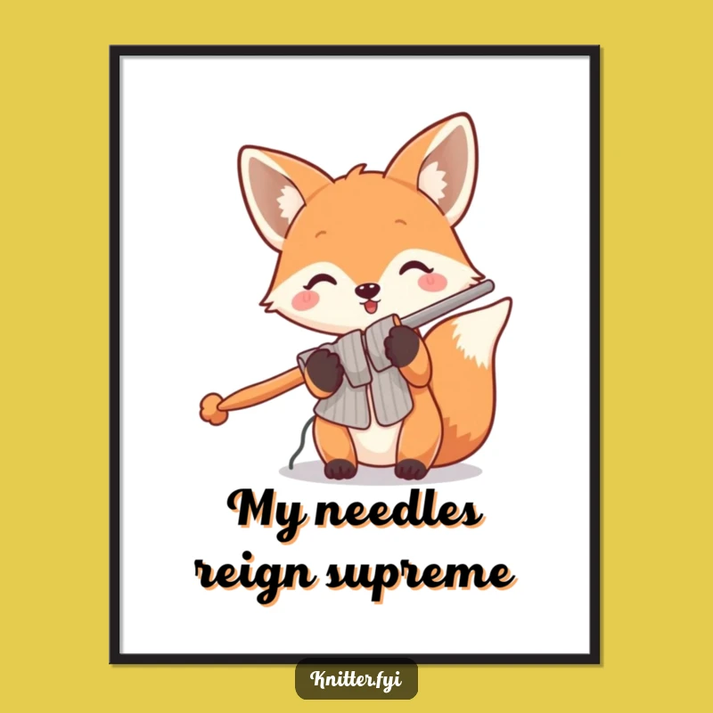 Funny Fox Knitting Digital Art: Playful Foxy Crafter Printable, Instant Funny Gift