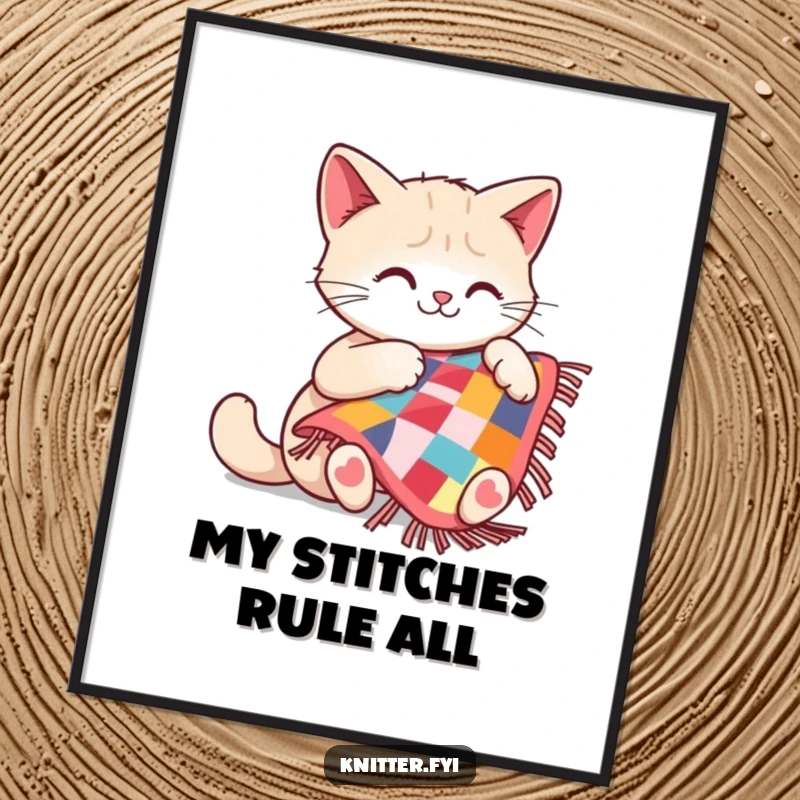 Funny cat sewing digital art print featuring a happy cat meticulously crafting a small, colorful quilt, full of charm.