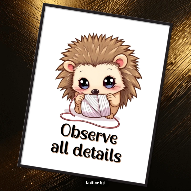 Funny Digital Art Print of a curious hedgehog with wide eyes, examining a spool of shimmering thread, a charming and whimsical piece.
