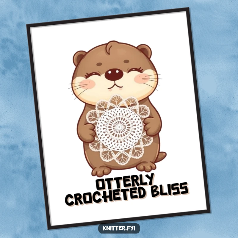 Funny otter digital art print of a proud otter displaying a beautifully crocheted doily with closed eyes.
