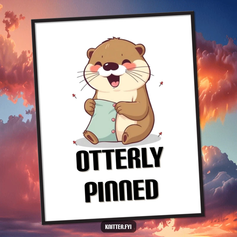Funny excited otter digital art print pinning fabric with tiny pins, instant download for a touch of crafty humor.