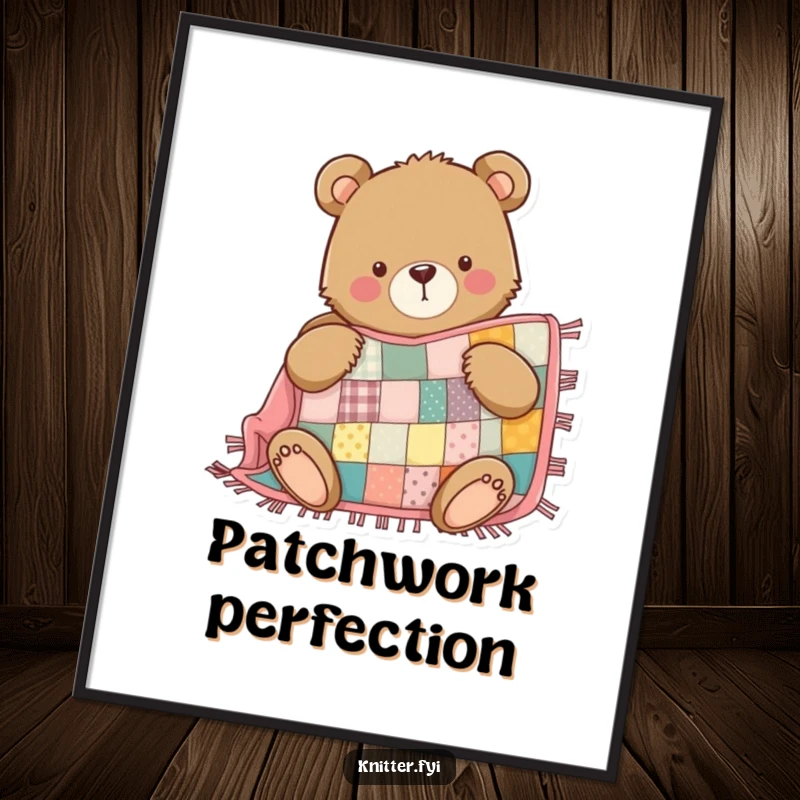Funny Bear Digital Art Print: A determined bear proudly sews a patchwork quilt, perfect for printable wall decor.